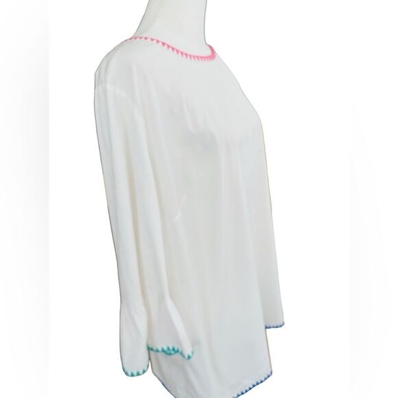 Talbots white zip back blouse with embroidered trim, 3/4 ruffle sleeves size XL - Picture 5 of 8